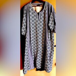 Ulla Popken Blue and White Diamond Pattern BoHo Style Dress